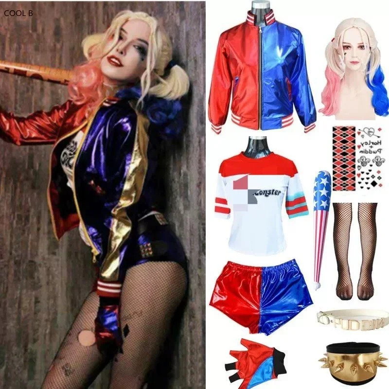 Anime Harley Quinn Cosplay - Aldult 子供ハーレーコスプレアニメフィギュア服クインハロウィン衣装女性のためのスーツかつらロールプレイパーティー服 NM31