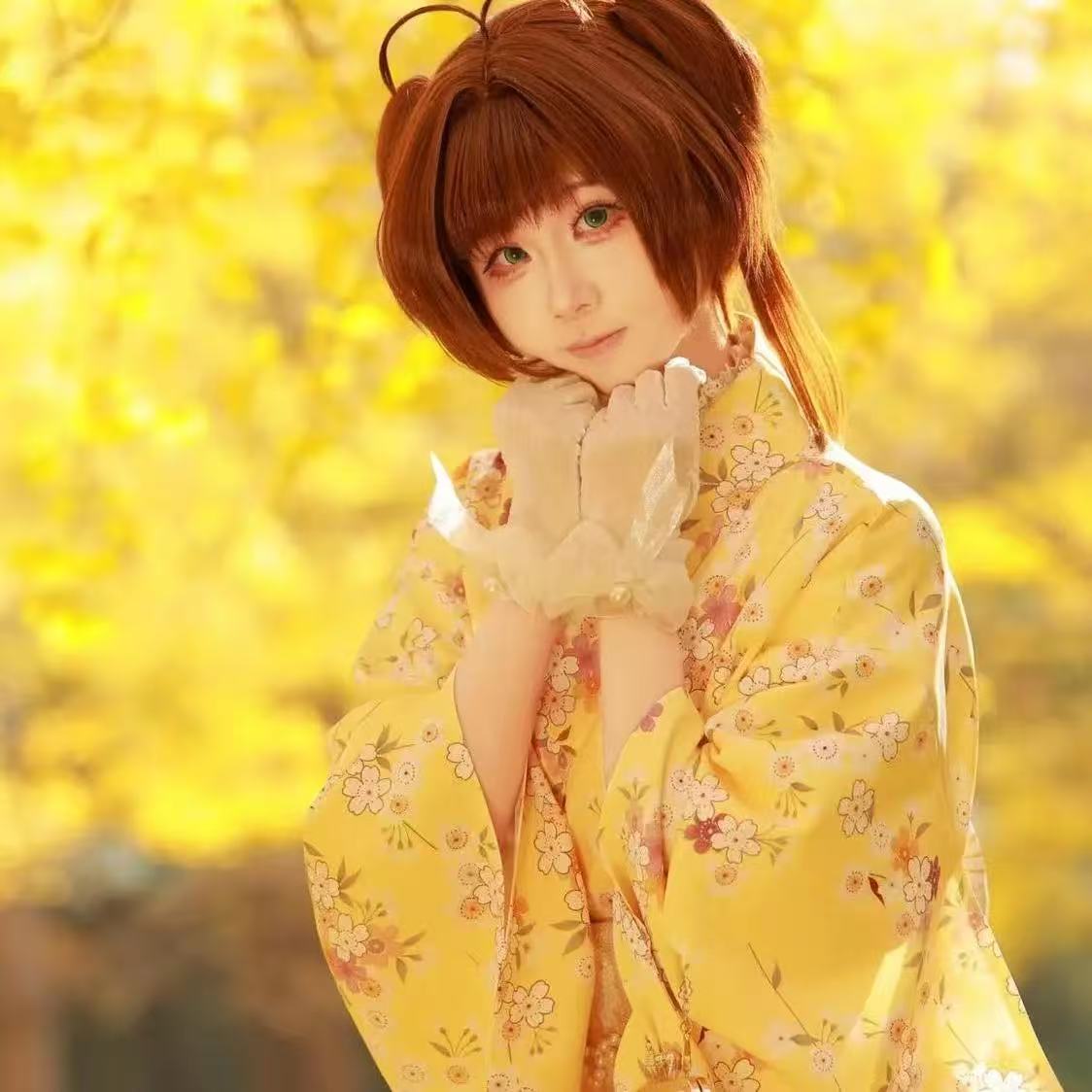 Asian Cosplay Anime - かわいいアニメ着物女の子用黄色花柄伝統的な和服カーニバルパーティーコスプレローブアジアンガウン着物