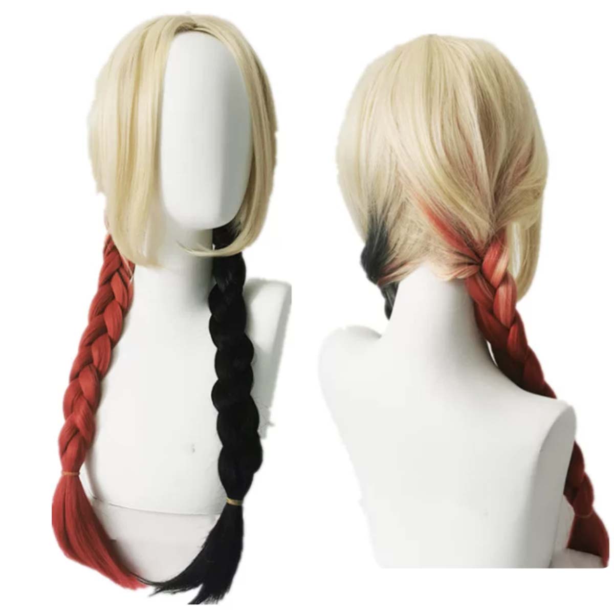 Anime Harley Quinn Cosplay - 女性用クインコスプレウィッグ ハーレー2 ポニーテールスタイル 赤黒の三つ編み 耐熱性合成毛