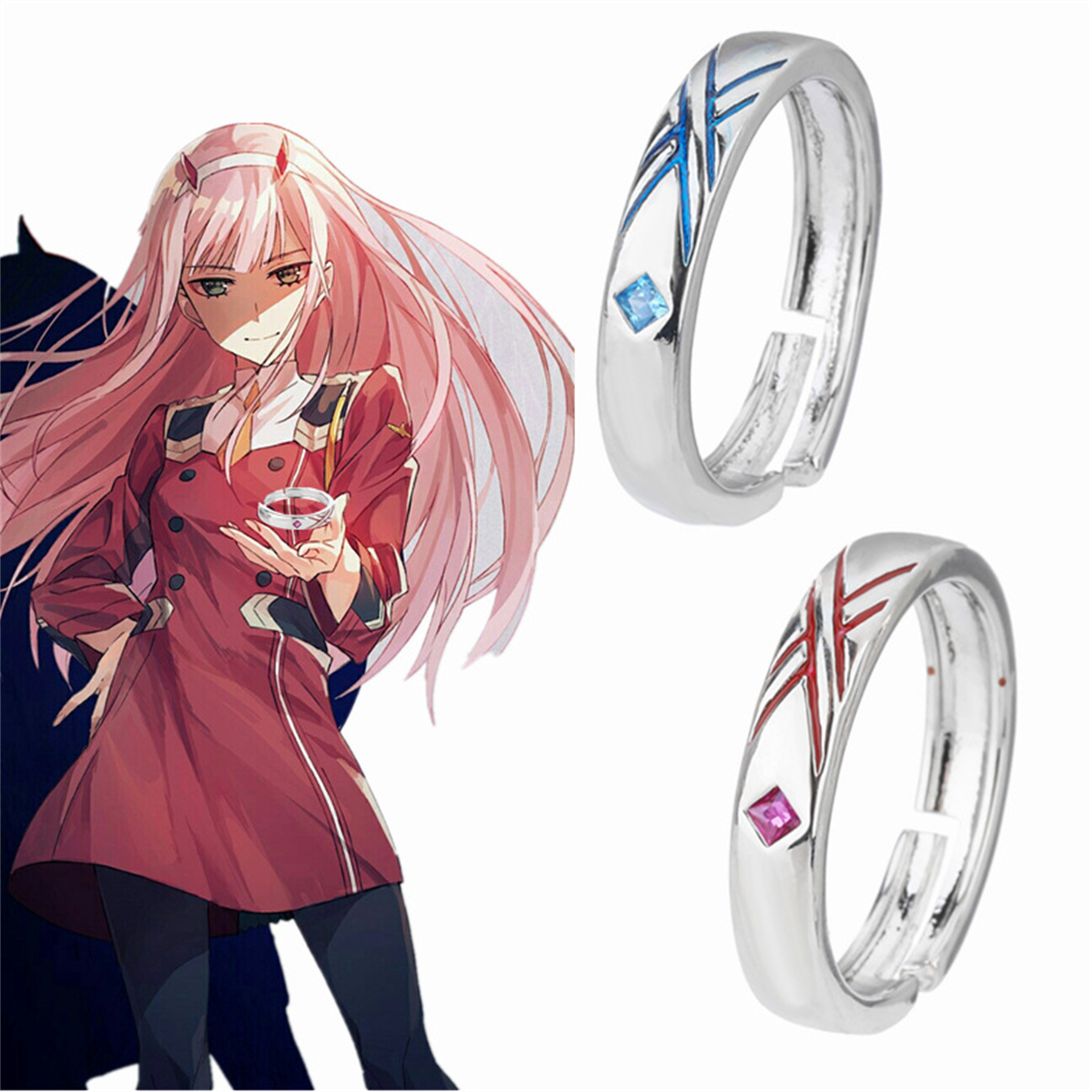 Anime Cosplay Zero Two - アニメダーリン・イン・ザ・フランキスリングヒロゼロツーコスプレ調節可能なユニセックスカップル恋人リングジュエリーギフトコスプレ小道具アクセサリー
