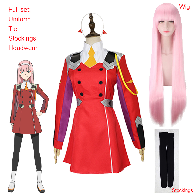 Anime Cosplay Zero Two - コスプレウィッグ,漫画02ドレス,ダーリン,フランクスゼロ2コスチューム,コード: 002,帽子アクセサリー,ハロウィーンプレゼント