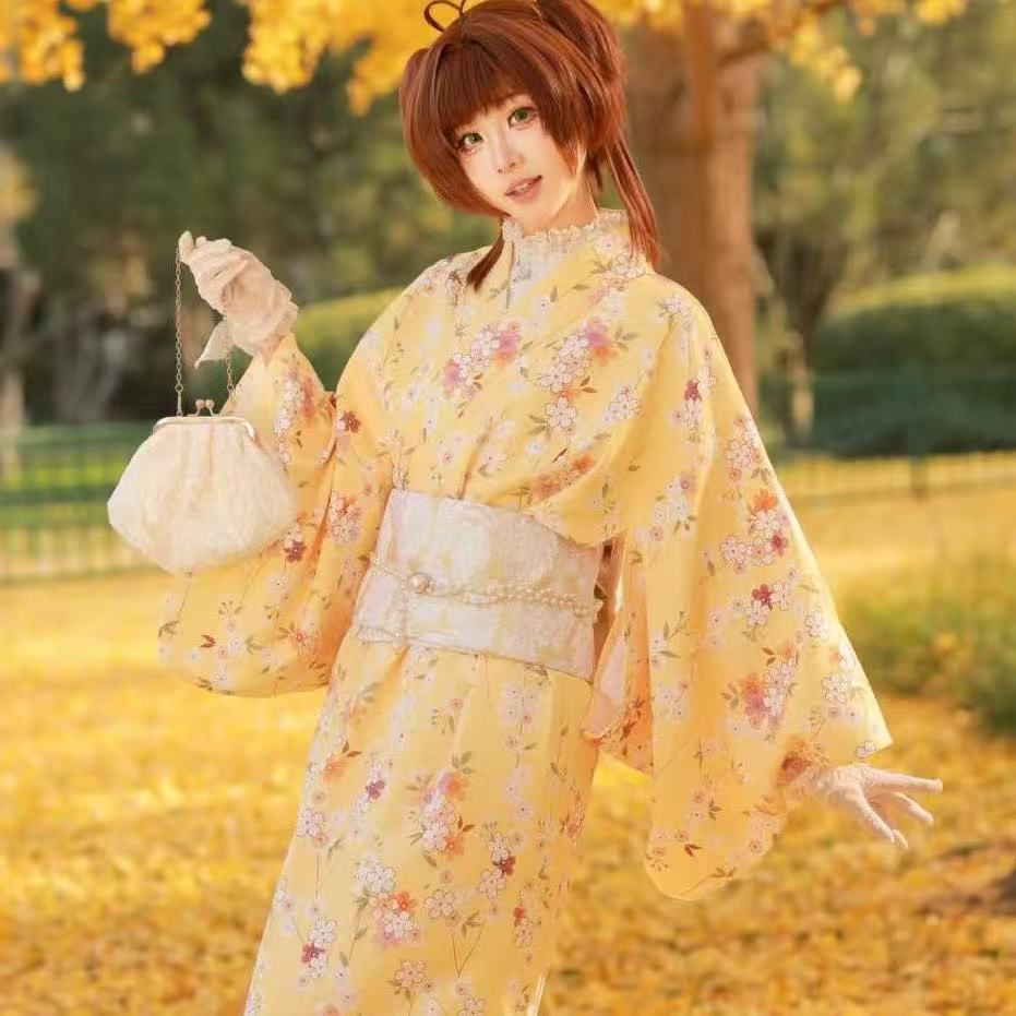 Asian Cosplay Anime - かわいい黄色の着物女の子和風アニメ浴衣ローブカーニバルストリートコミックコスプレ衣装女性アジア着物